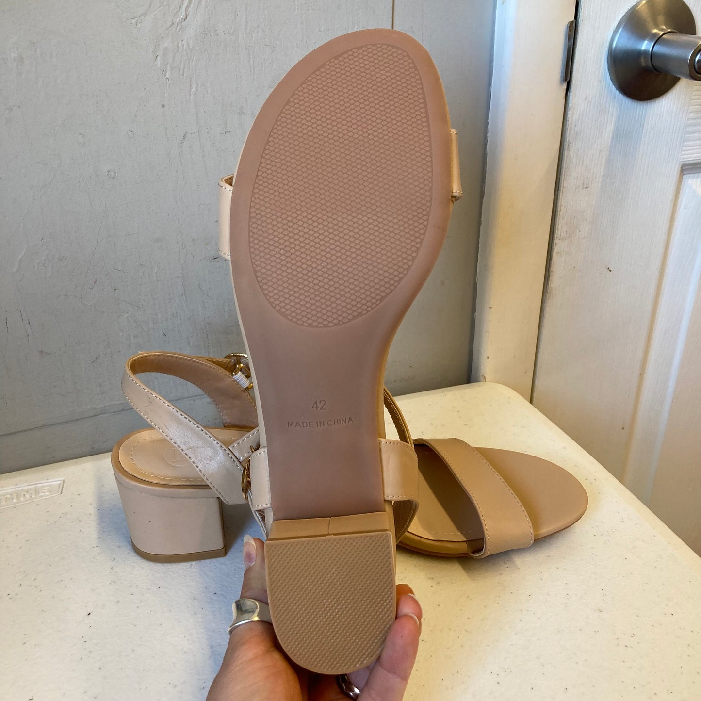 Sandals Heels Block In Beige, Size:11.5