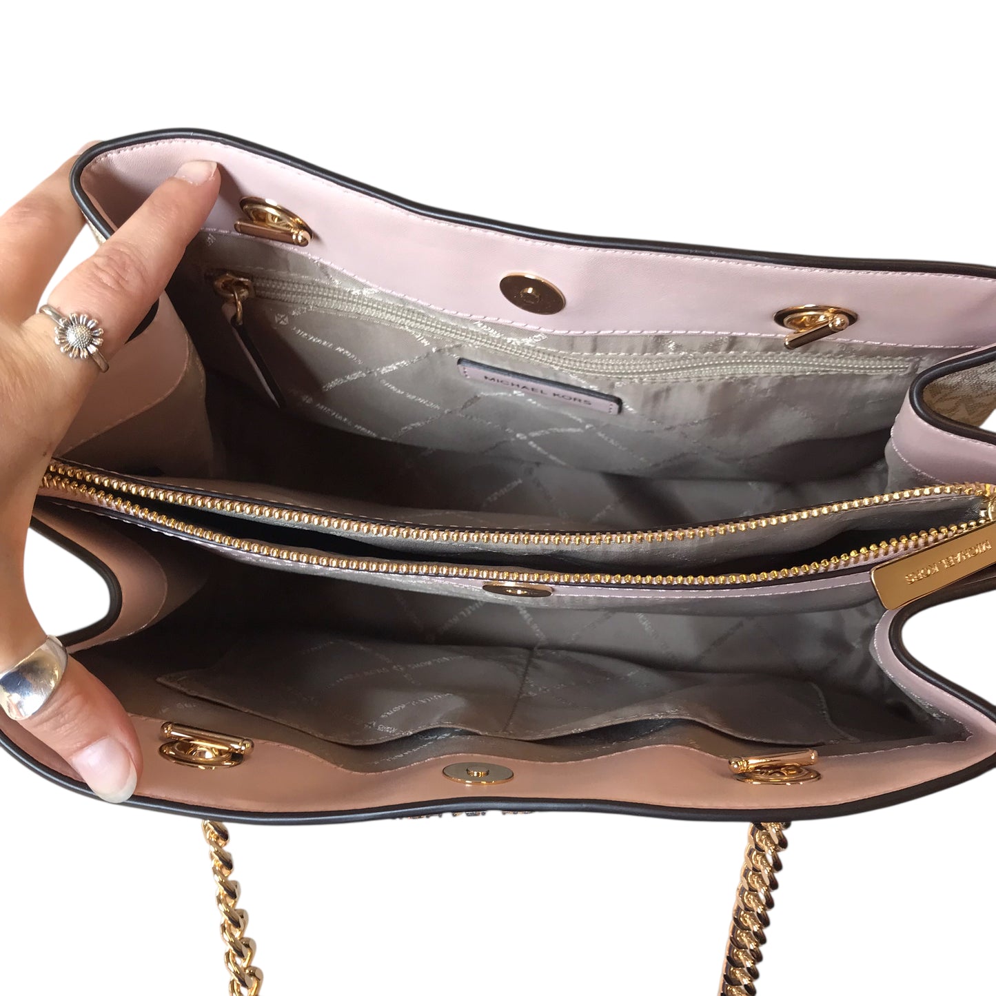 Handbag Designer By Michael Kors In Pink & White, Size:Medium