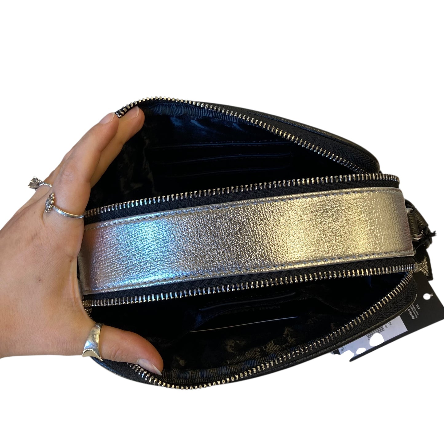 Crossbody Designer By Karl Lagerfeld In Silver, Size:Small