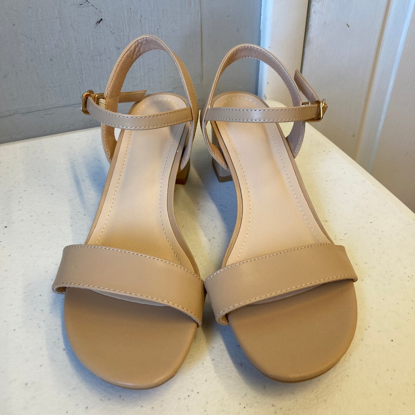 Sandals Heels Block In Beige, Size:11.5