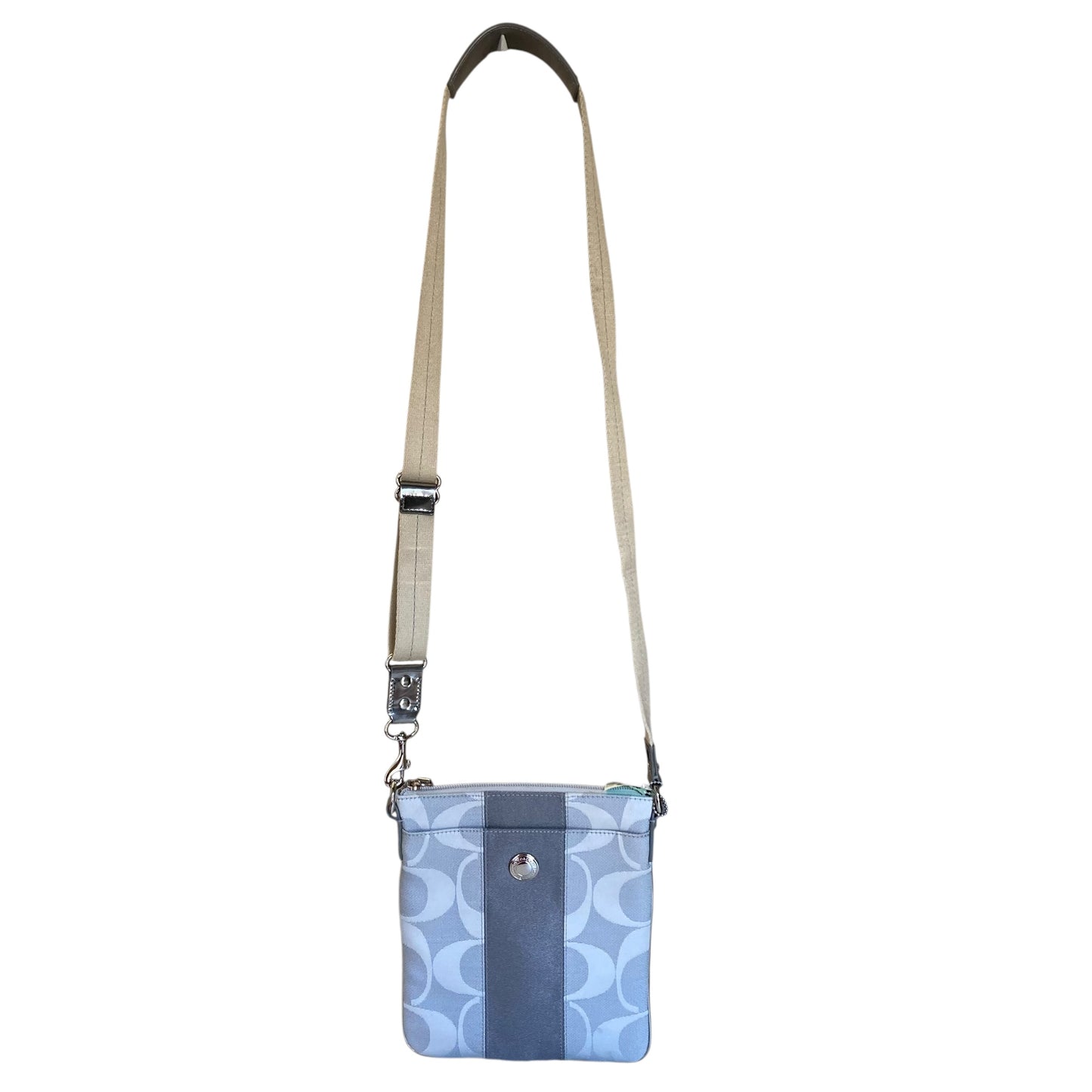 Crossbody Designer By Coach In Silver, Size:Small