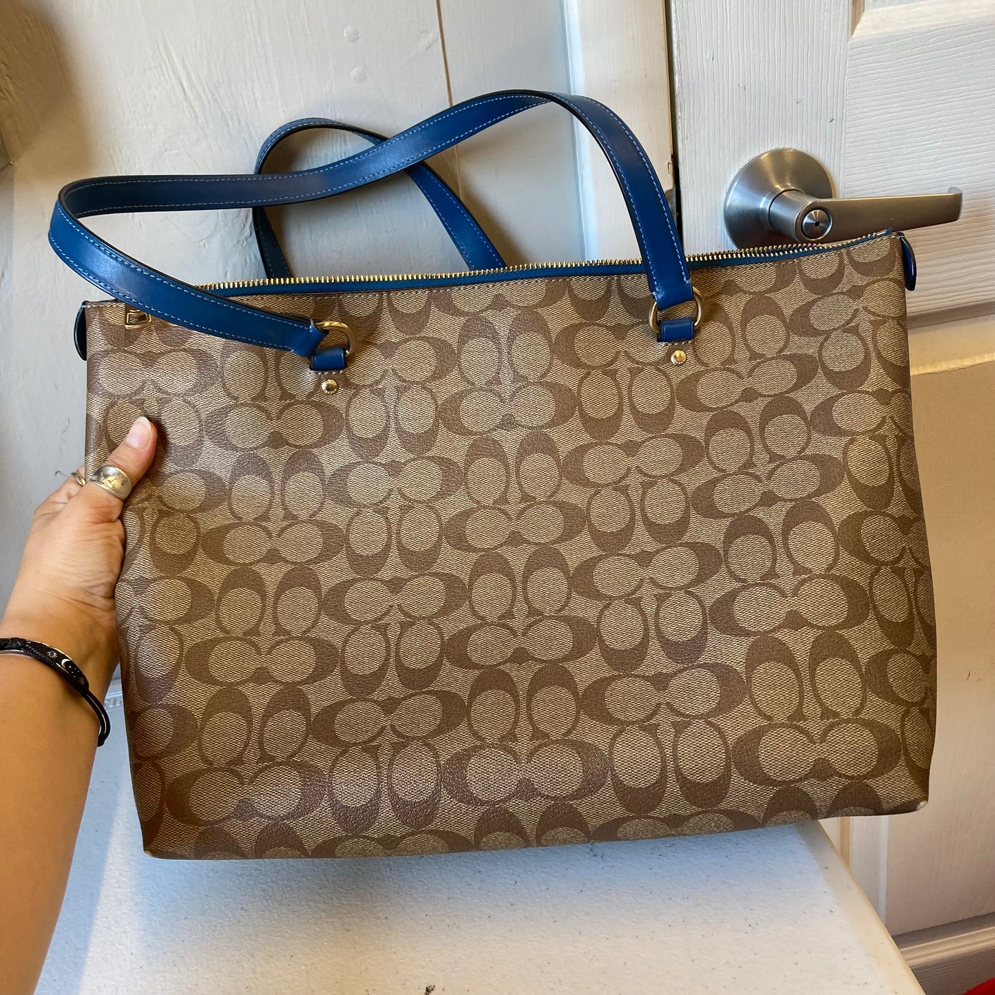 Tote Designer By Coach In Blue & Brown, Size:Large
