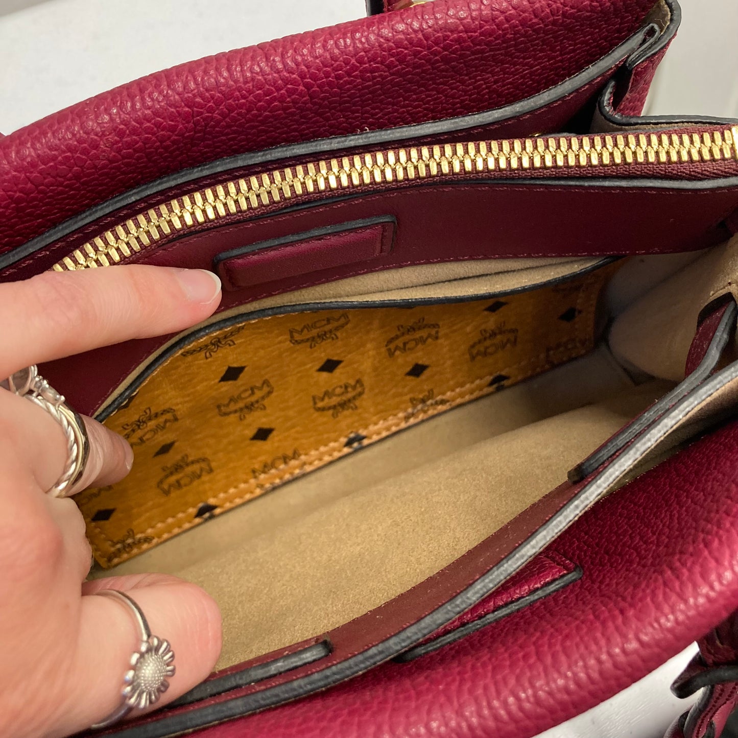 Handbag Luxury Designer By Mcm In Red, Size:Small