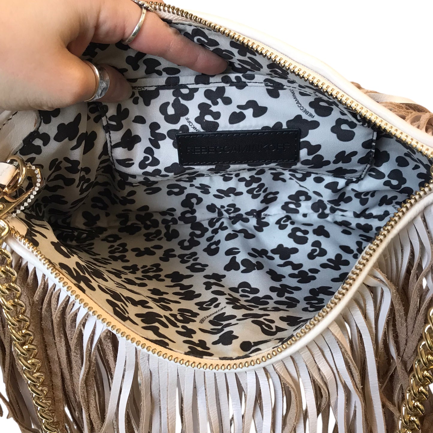 Clutch Designer By Rebecca Minkoff In Tan & White, Size:Medium