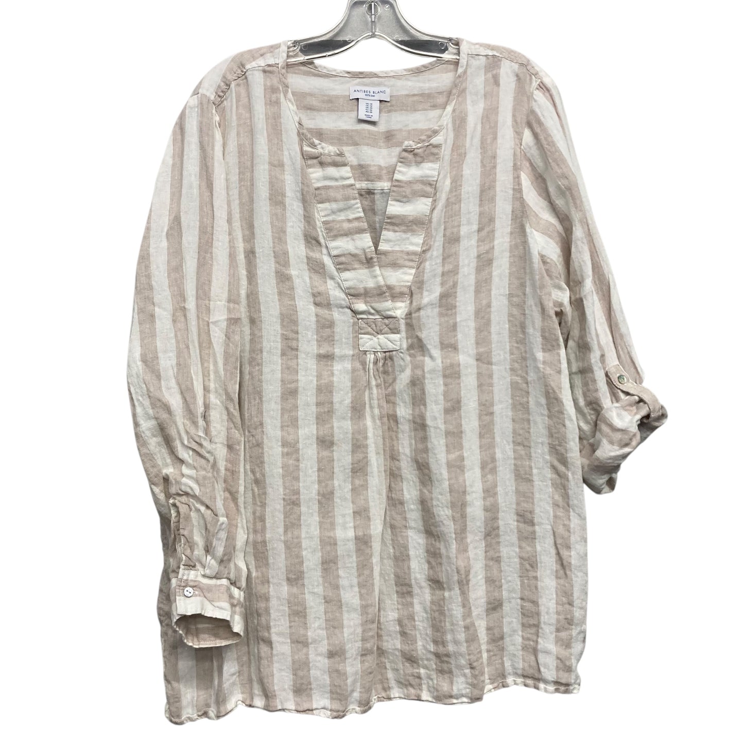 Top Sleeveless By Antibes Blanc Linen In Tan & White, Size:1X