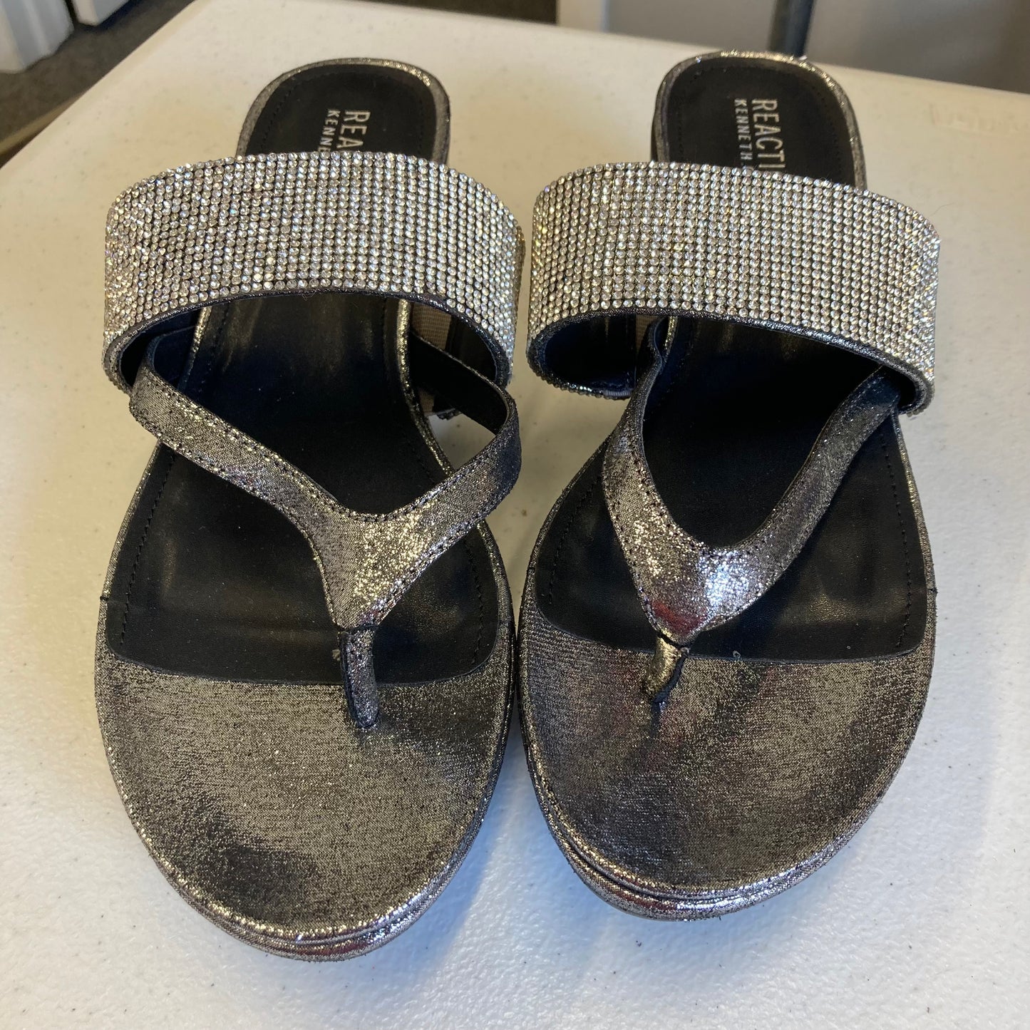 Sandals Heels Wedge By Kenneth Cole Reaction In Black & Silver, Size:8.5