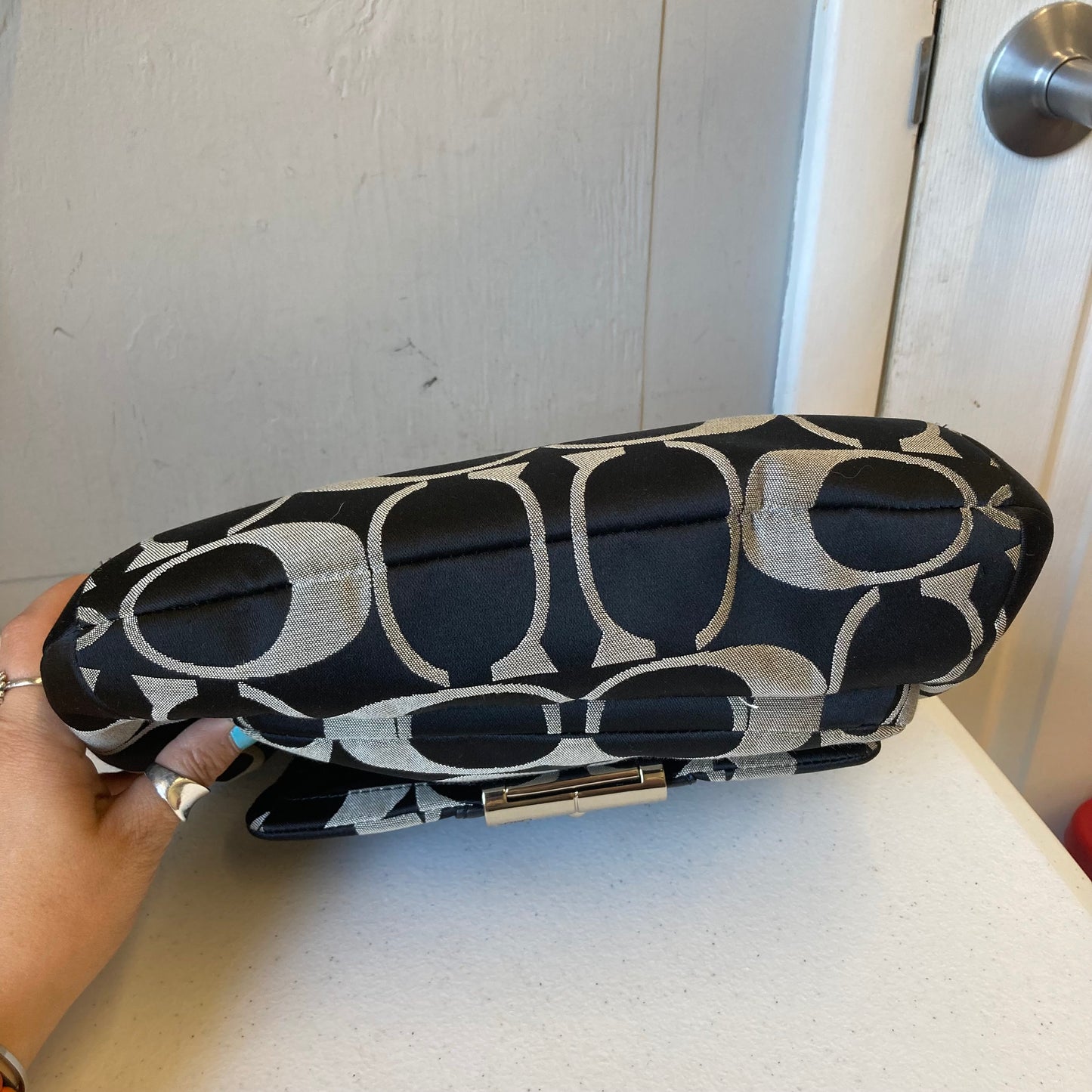Handbag Designer By Coach In Black & Silver, Size:Medium