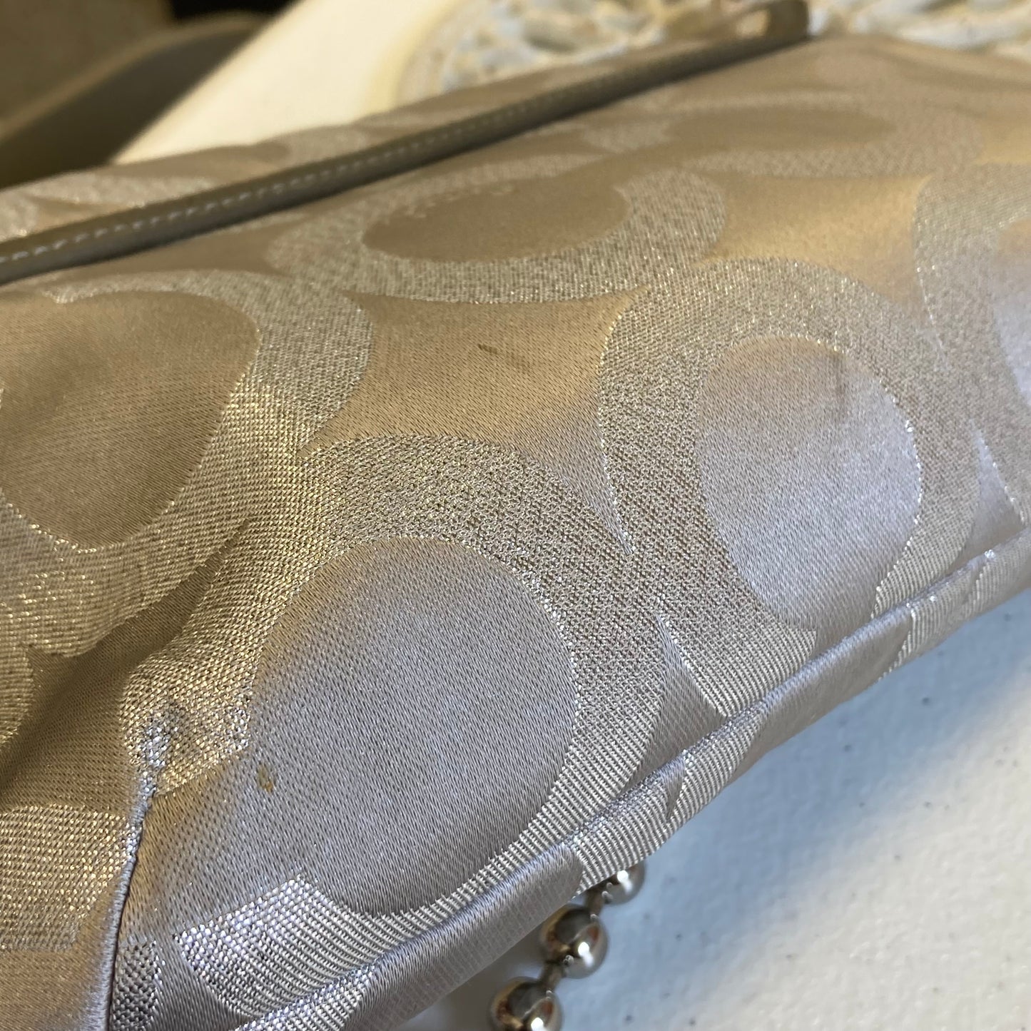 Handbag Designer By Coach In Silver, Size:Small