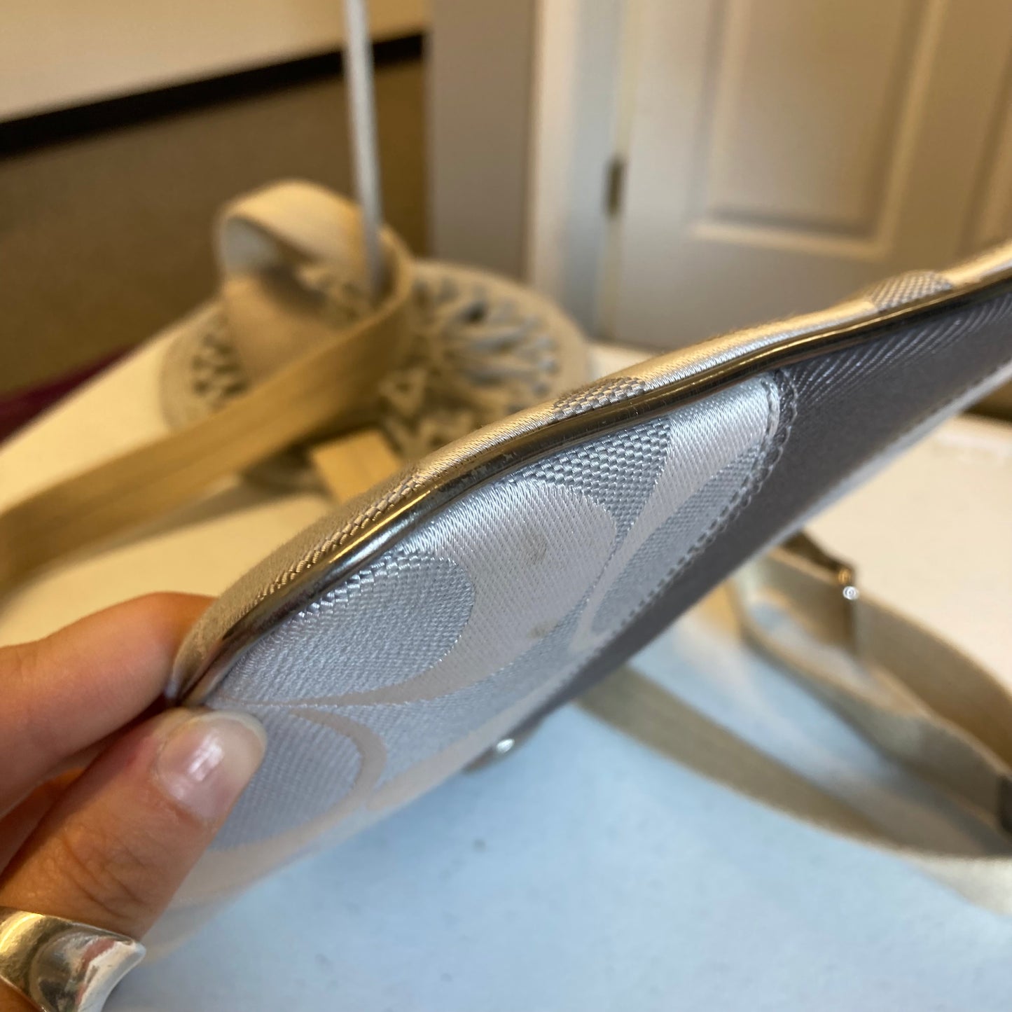 Crossbody Designer By Coach In Silver, Size:Small