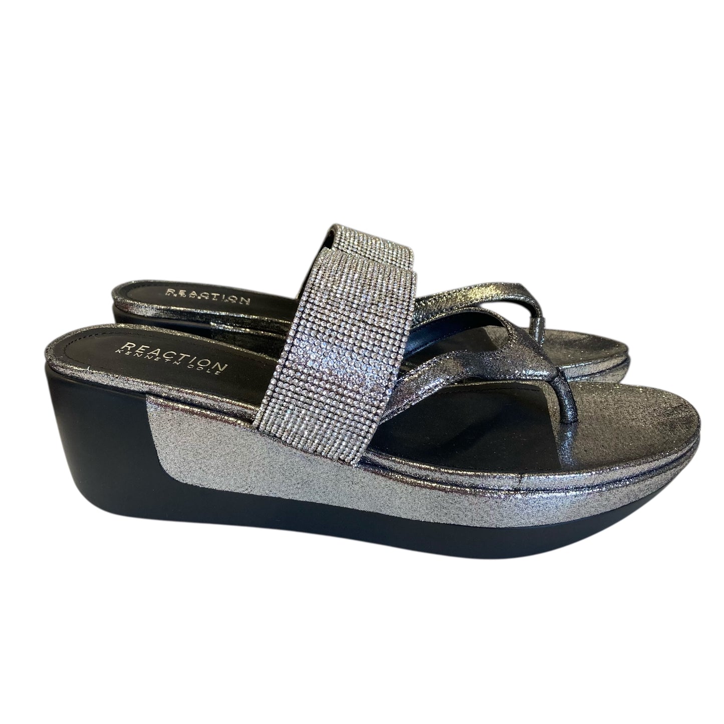 Sandals Heels Wedge By Kenneth Cole Reaction In Black & Silver, Size:8.5