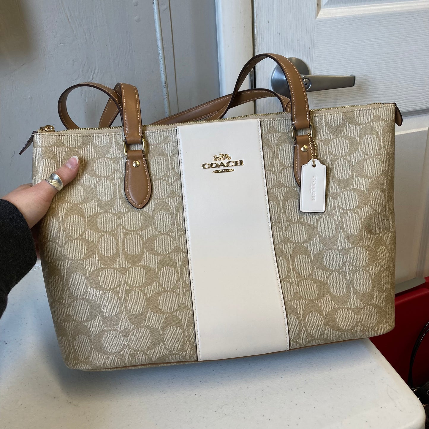 Handbag Designer By Coach In Tan, Size:Large