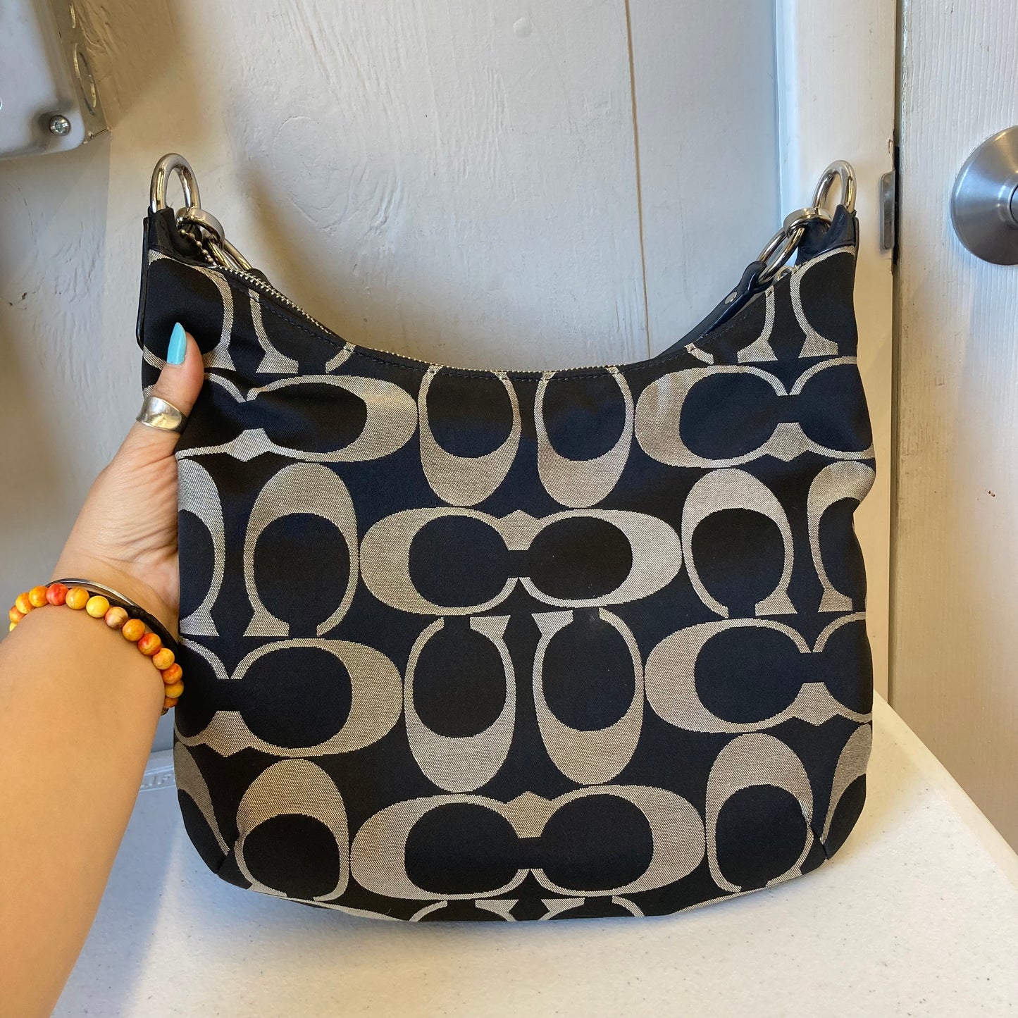 Handbag Designer By Coach In Black & Silver, Size:Medium