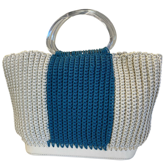 Handbag In Blue & Cream, Size:Small