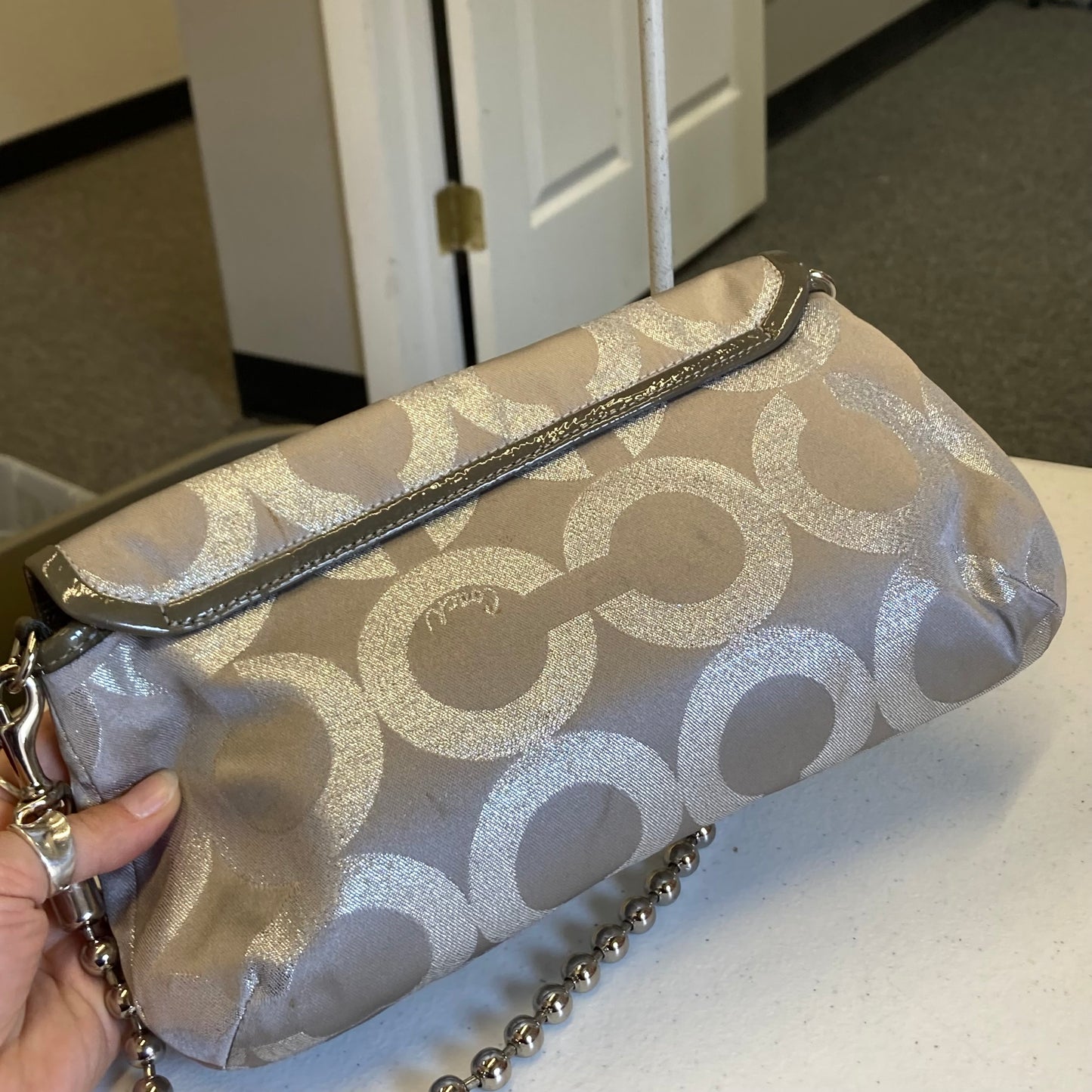 Handbag Designer By Coach In Silver, Size:Small