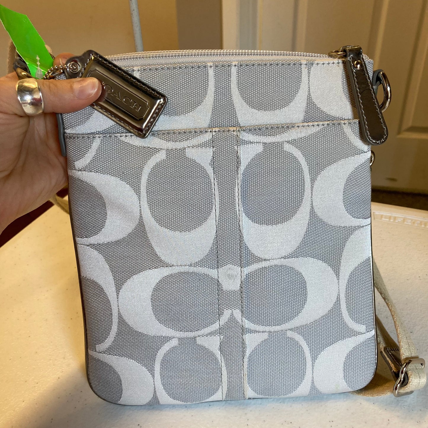 Crossbody Designer By Coach In Silver, Size:Small