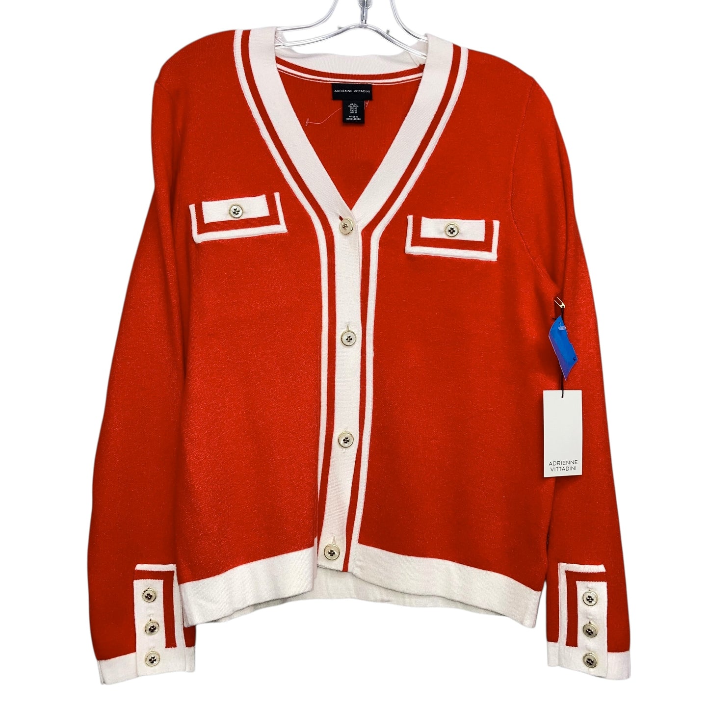 Sweater Cardigan By Adrienne Vittadini In Orange & White, Size:M