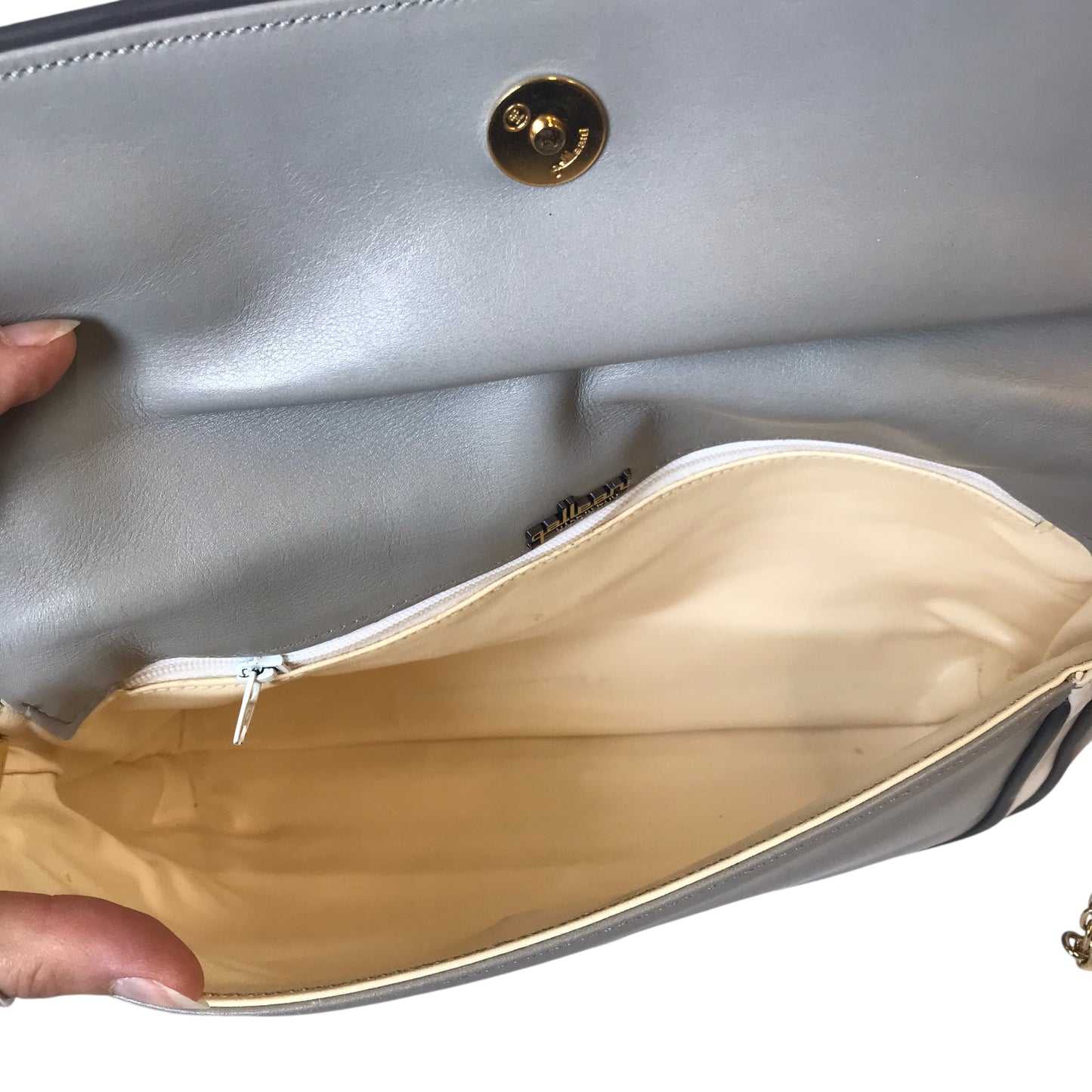 Handbag Leather By Galleani In Grey & White, Size:Medium