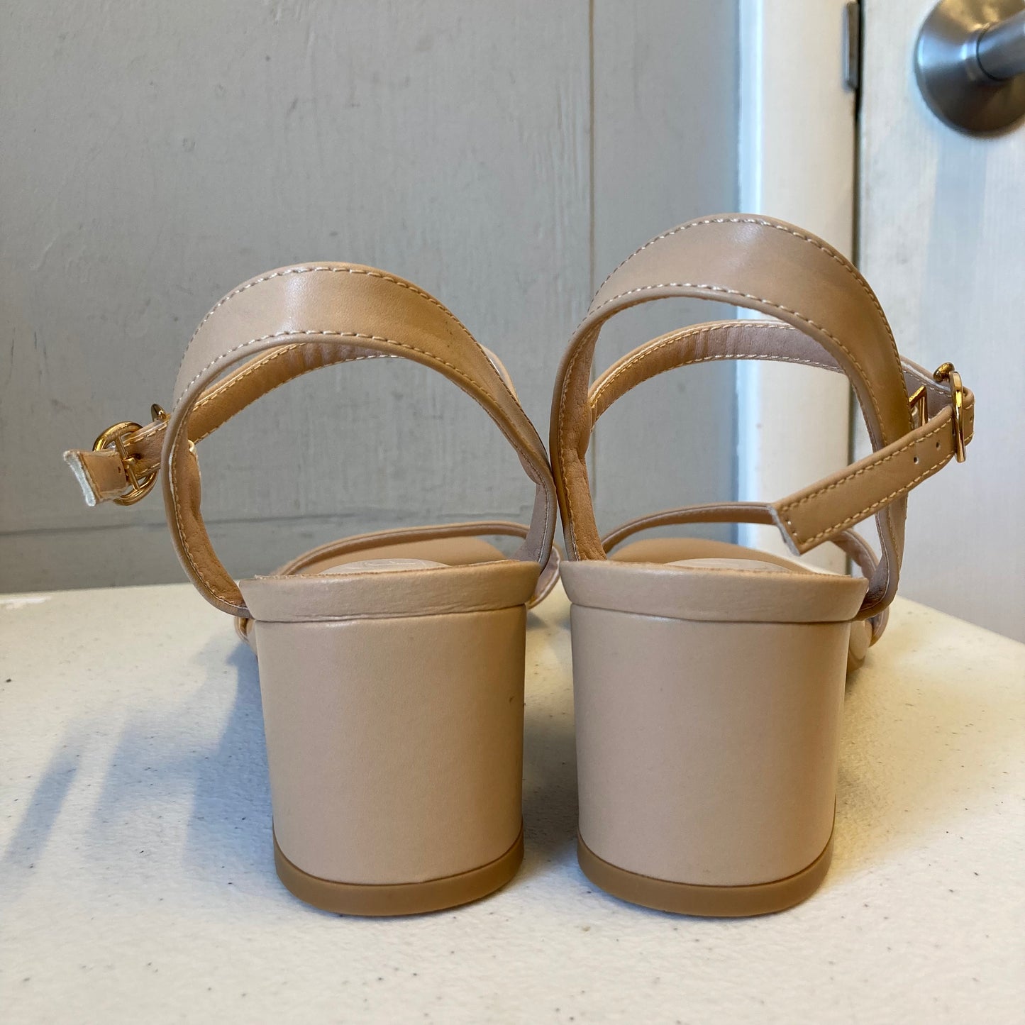Sandals Heels Block In Beige, Size:11.5